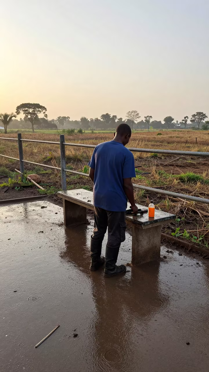 Hay Net Repair Bench Wet Concrete Mozambique in along a muddy paddock fence in Mozambique