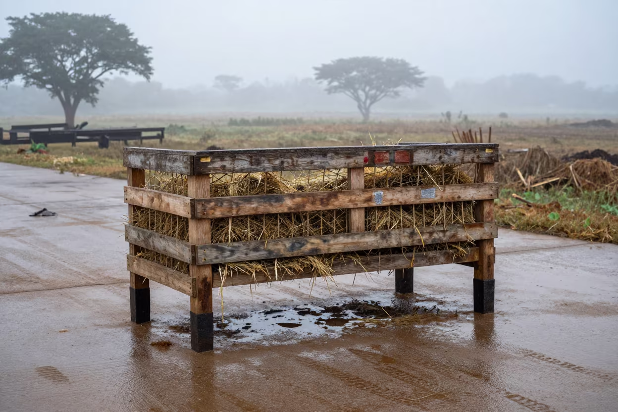 Hay Net Repair Bench Wet Stockyard Dawn in at a stockyard loading ramp in Zimbabwe