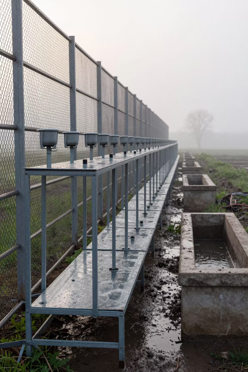 Hay Probe Shelf Misty Dawn Bosnia in near a windbreak and water trough in Bosnia and Herzegovina