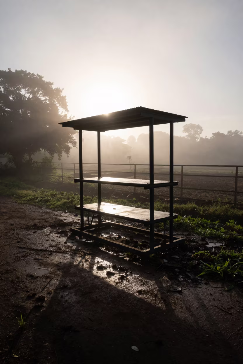 Hay Probe Shelf Silhouette in Jamaican Feedlot Mist in along a feedlot lane in Jamaica