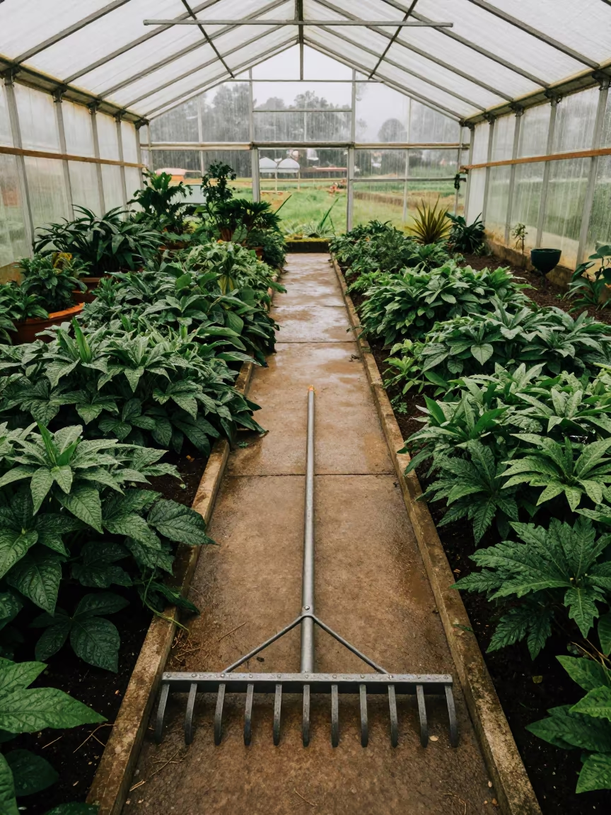 Hay Rake in Bogota Greenhouse Aisle at Dawn in inside a humid greenhouse aisle in Bogota
