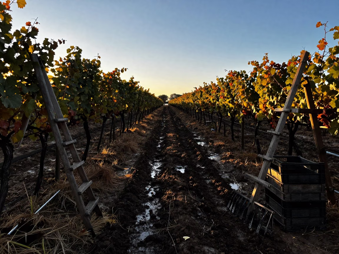 Hay Rake in Catalan Vineyard at Dawn in among orchard ladders and crates in Catalonia