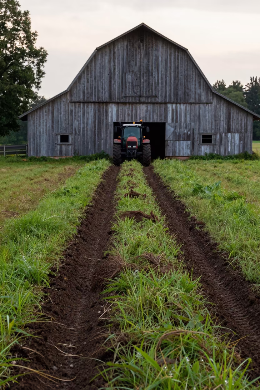Hay Windrow Curling Toward Weathered Barn in Latvia in beside a tractor track through dark soil in Latvia
