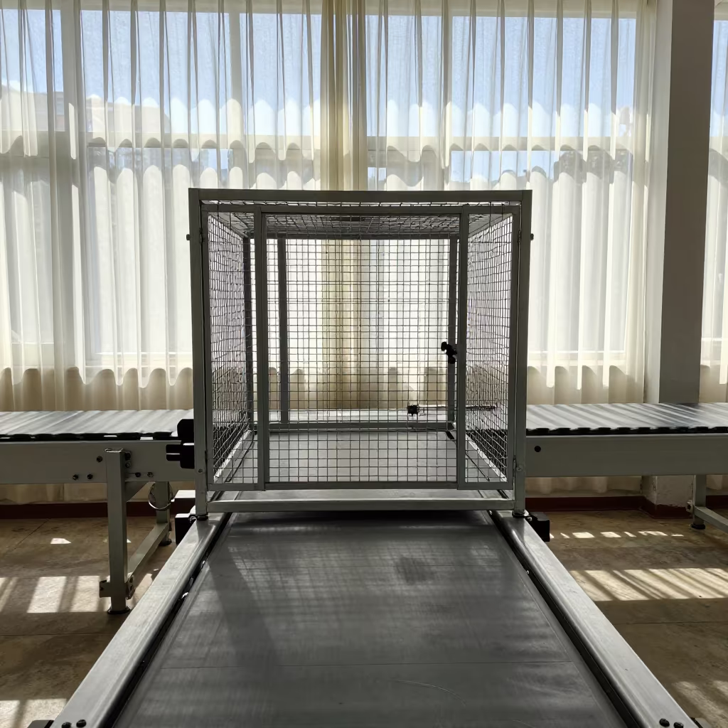 Hazmat Isolate Cage Midmorning Light Bucharest in at a parcel sorting belt near Bucharest