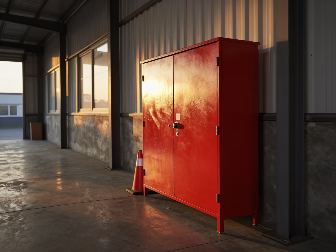 Hazmat Kit Cabinet in Evening Warehouse Light in inside a warehouse aisle in Udu