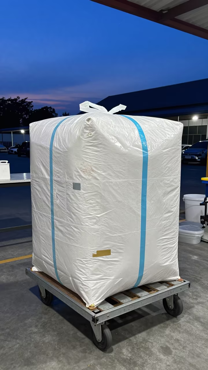 Hazmat Overpack Dolly in Bangkok Warehouse Twilight in at a fulfillment packing station near Bangkok