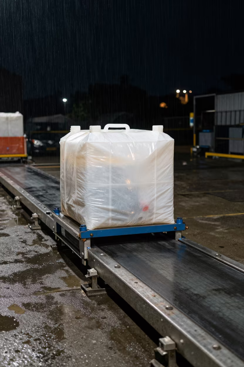 Hazmat Overpack Dolly Under Neon Light in at a parcel sorting belt in Asmara