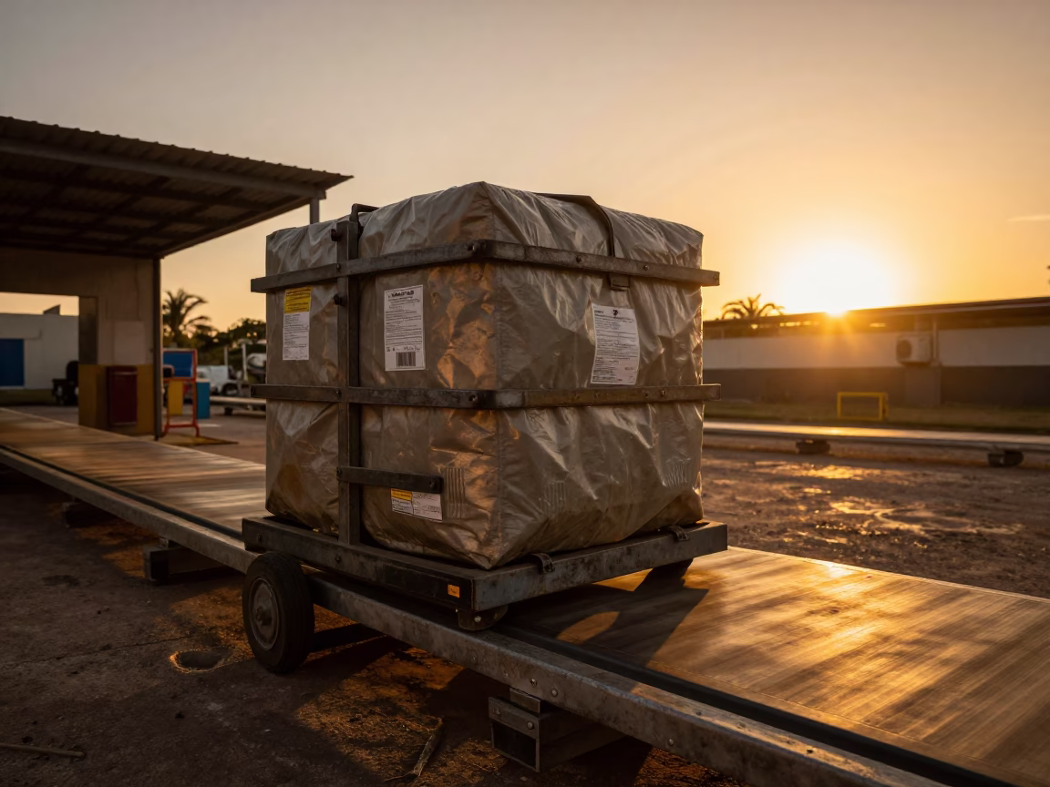 Hazmat Overpack Dolly in Sunset Amber Light in at a parcel sorting belt in Isla Margarita