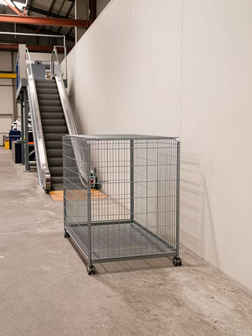 Hazmat Returns Cage in London Warehouse in inside a warehouse aisle in South Bank, London