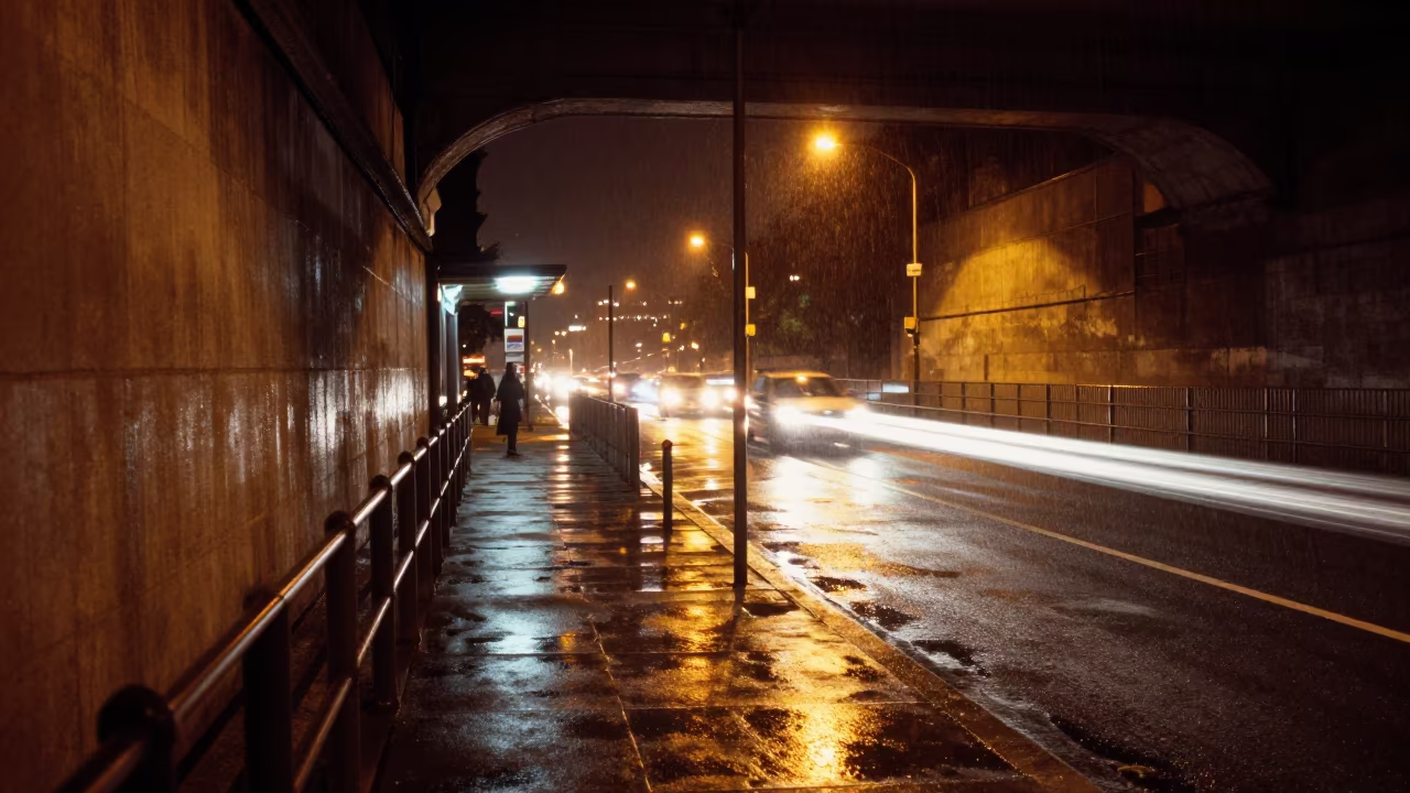 Headlight Reflections in Westminster Underpass in at a tram stop in City of Westminster