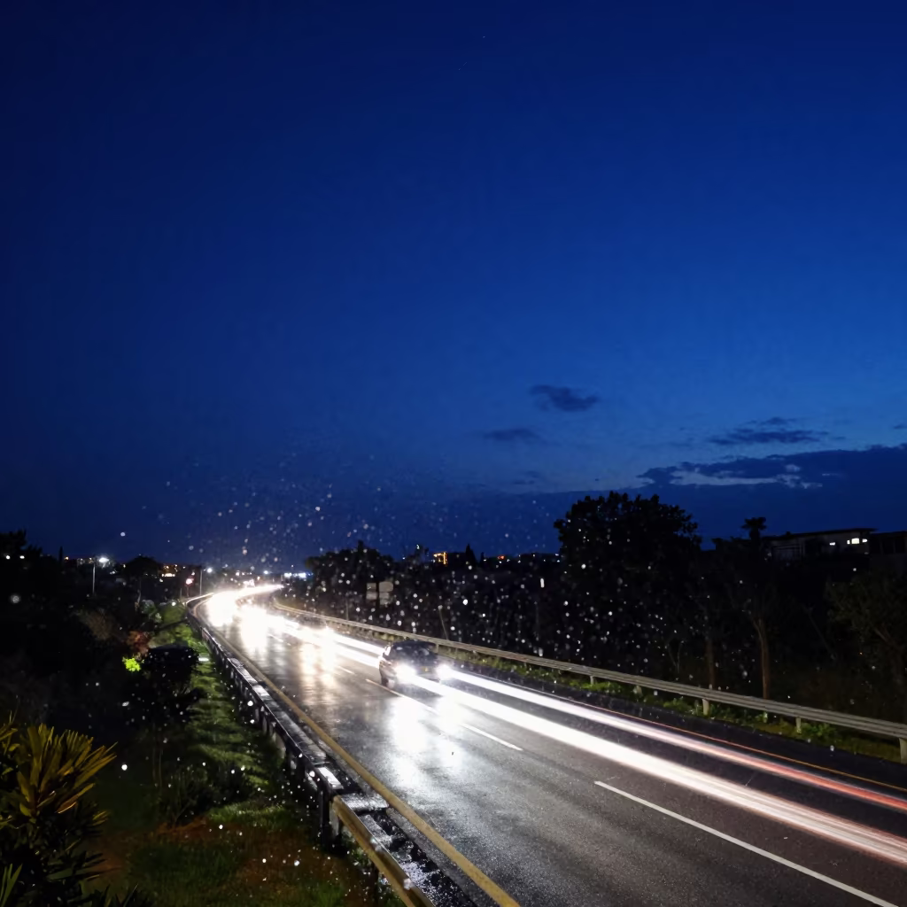 Headlight Streaks on Rainy Highway Near Netanya in under a band of cold starlight near Netanya