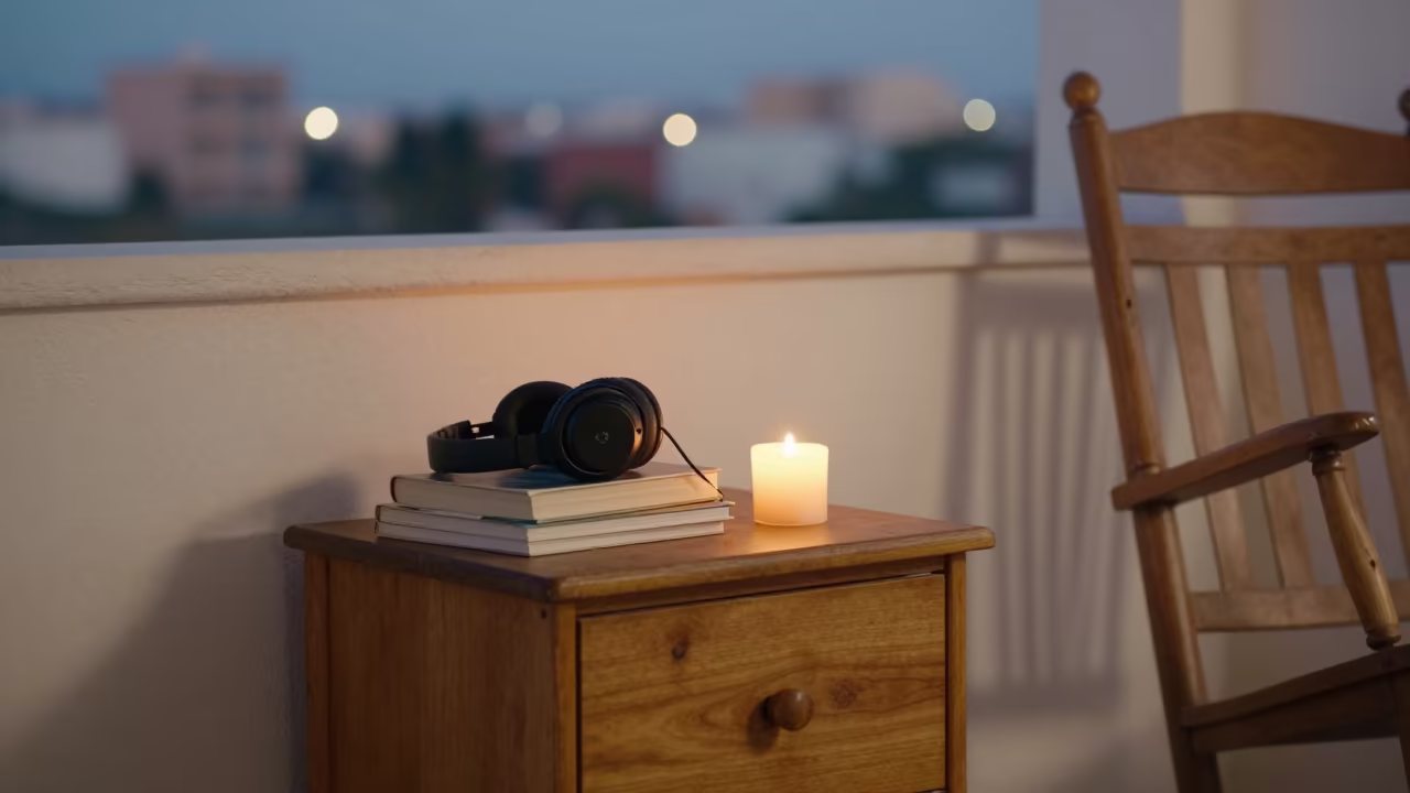 Headphones and Books on Biskra Porch in on a porch with a rocking chair in Biskra