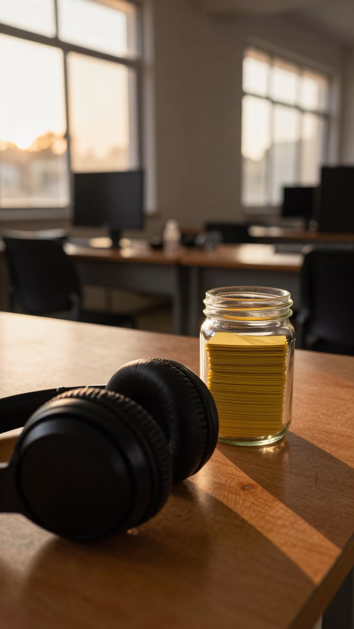 Headphones and Index Cards in Jinja Classroom in in a computer lab before lessons in Jinja