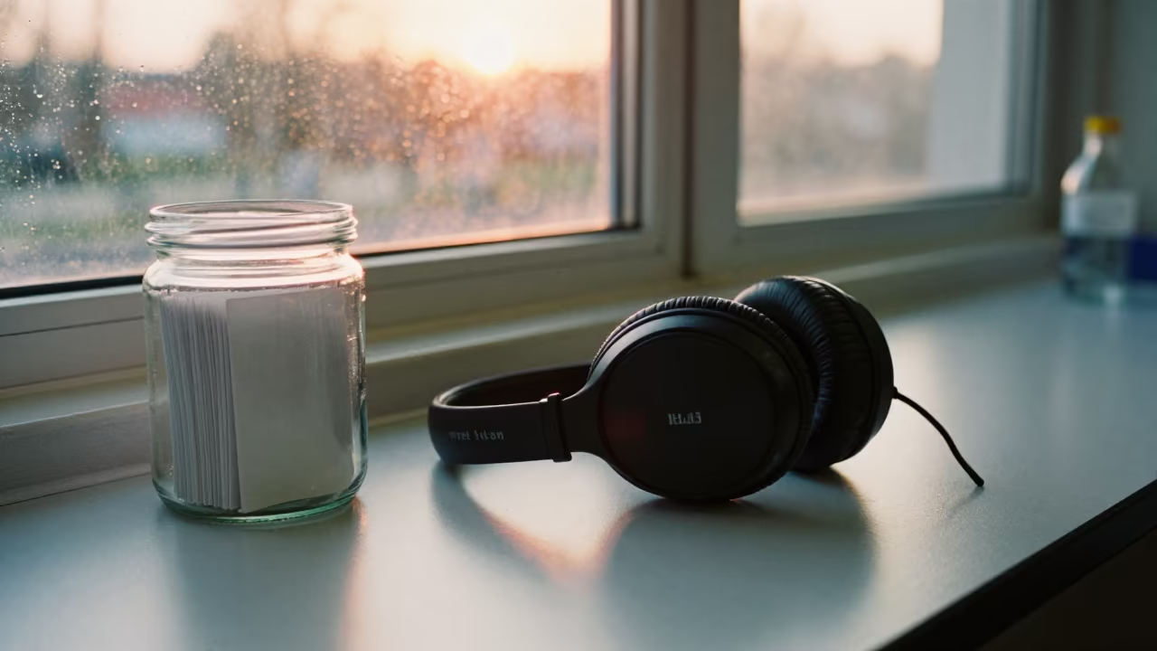 Headphones and Index Cards in London School Lab in in a school laboratory near London