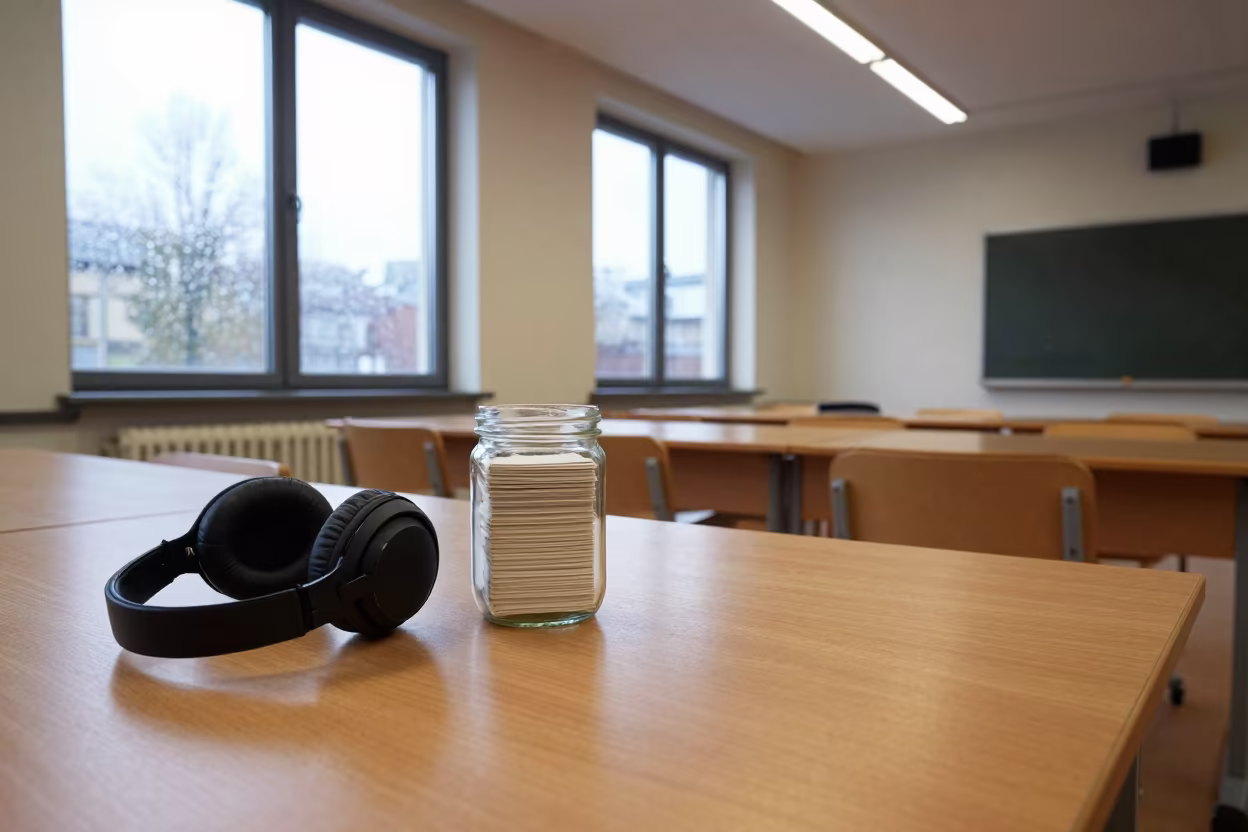 Headphones and Index Cards on Oslo Classroom Desk in inside a quiet classroom in Oslo