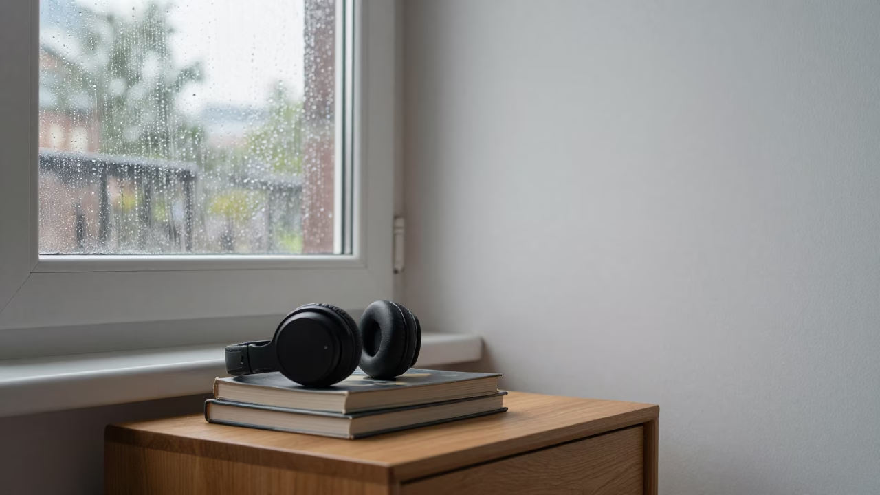 Headphones on Books by Rainy Hamburg Window in beside a rain-streaked window in Hamburg