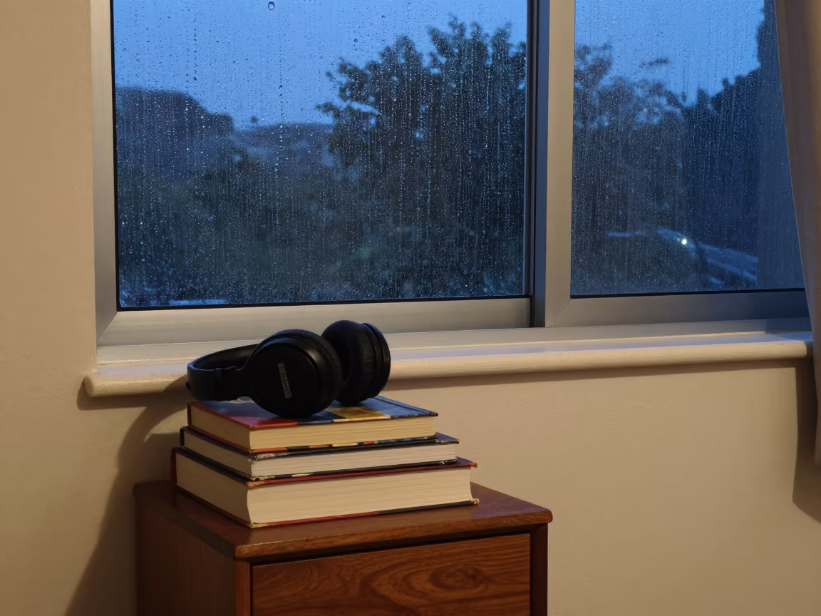 Headphones on Books in Guarenas Nook in in a breakfast nook in Guarenas