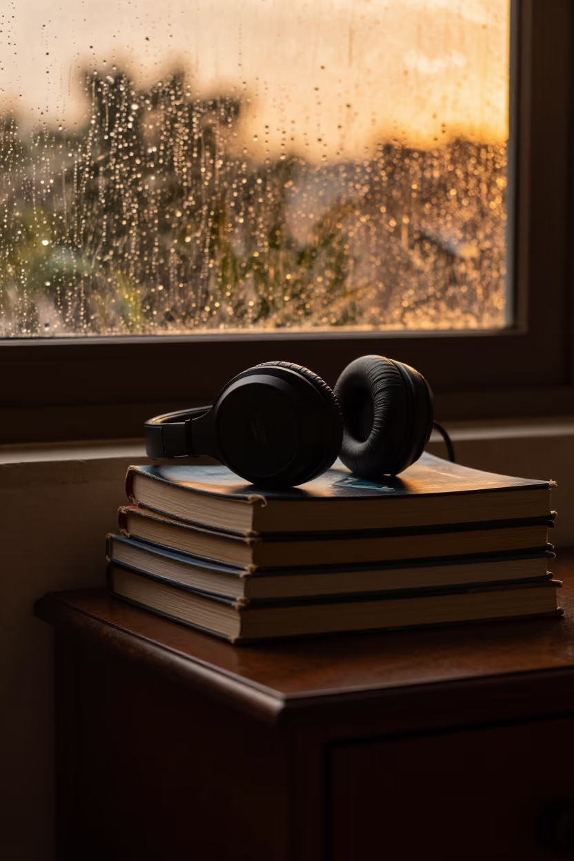 Headphones on Books by Rain Window in beside a rain-streaked window in Chennai