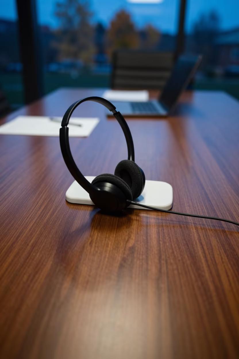 Headset Dock on Boardroom Table Kazan Blue Hour in at a boardroom table before a meeting in Kazan