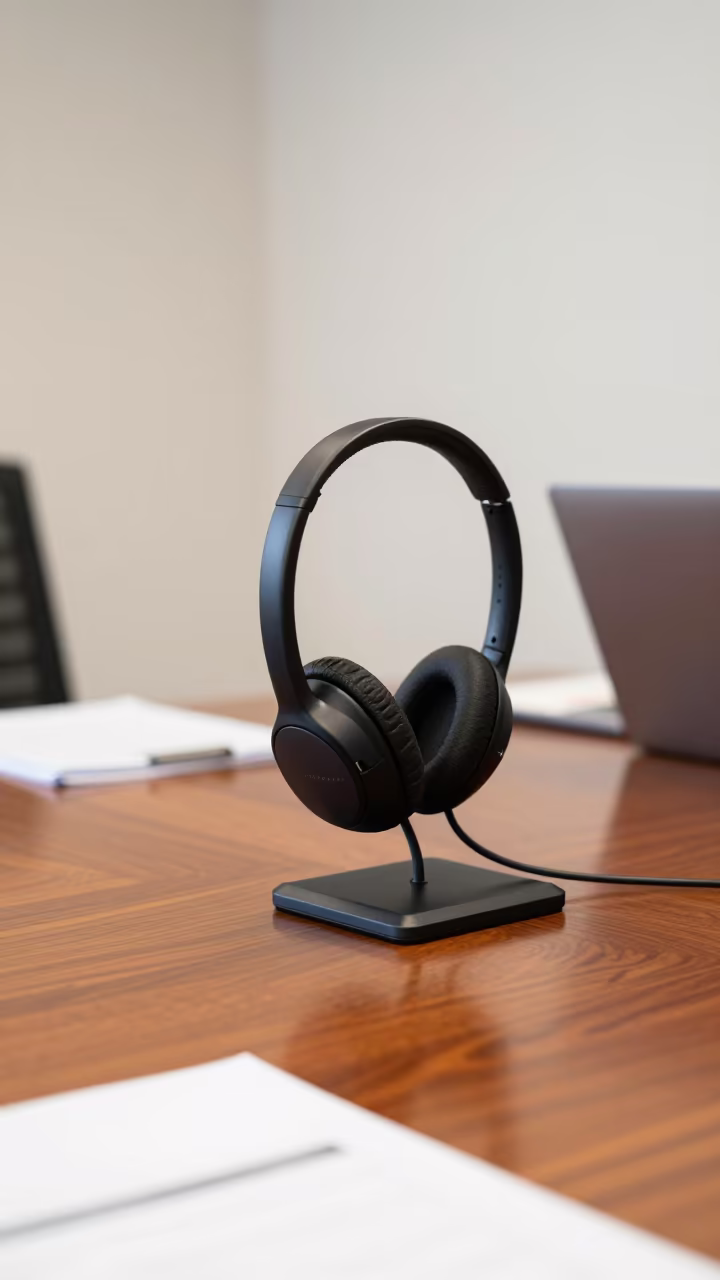 Headset Dock on Pali Boardroom Table Morning in at a boardroom table before a meeting in Pali