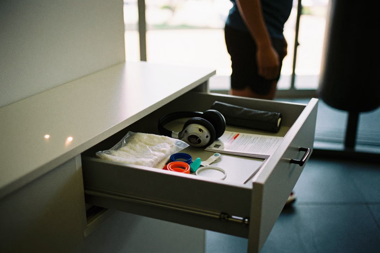 Headset Mic Drawer at Gym Check-in Desk in at a gym check-in desk in Goiania