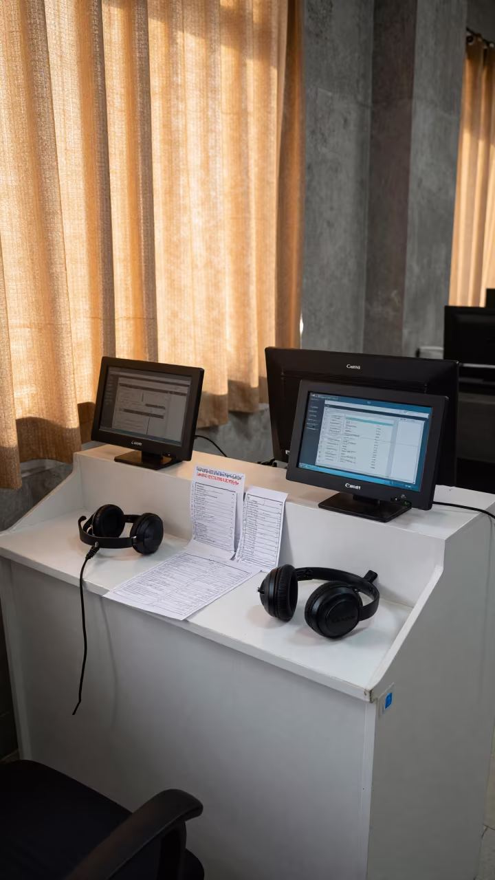 Headset Wipe Station in Bikaner Operations Center in in an operations center under monitor glow in Bikaner