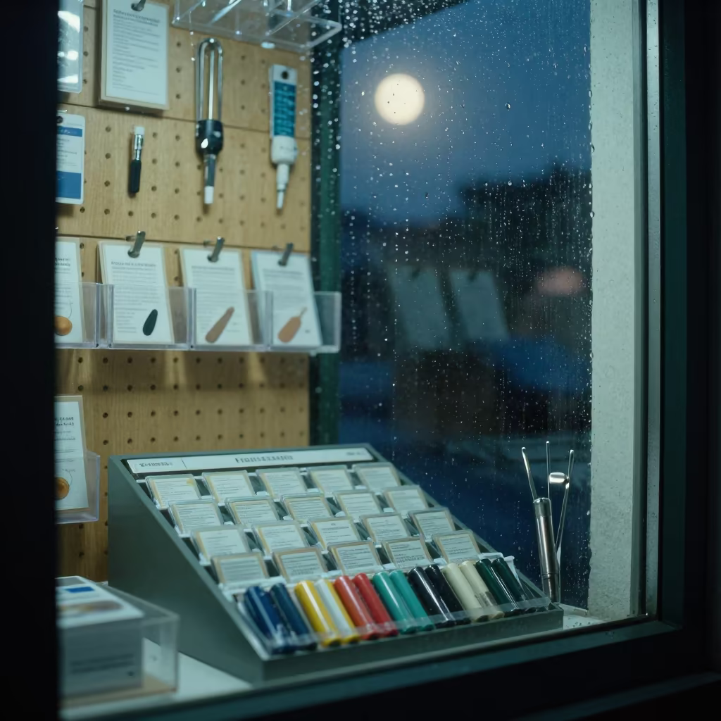 Hearing Aid Batteries in Store Window After Rain in outside a shop window after rain in Hermosillo