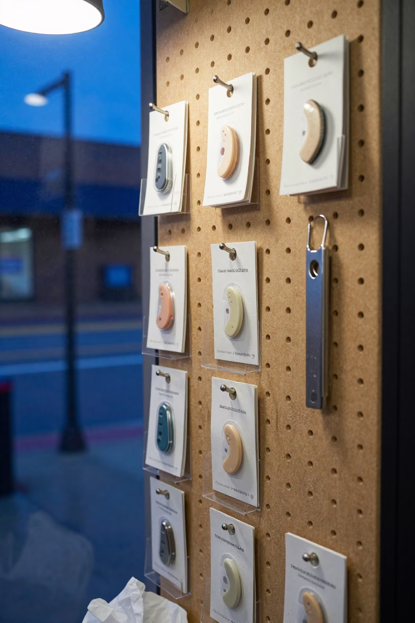 Hearing Aid Battery Tray in Dallas Store Window in along a storefront glass line on a wet street in Dallas
