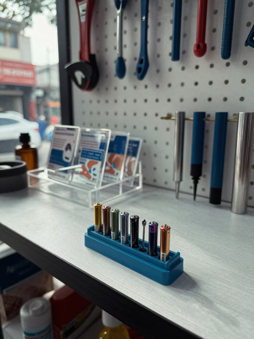 Hearing Aid Battery Tray on Store Window in outside a shop window after rain in Bangalore