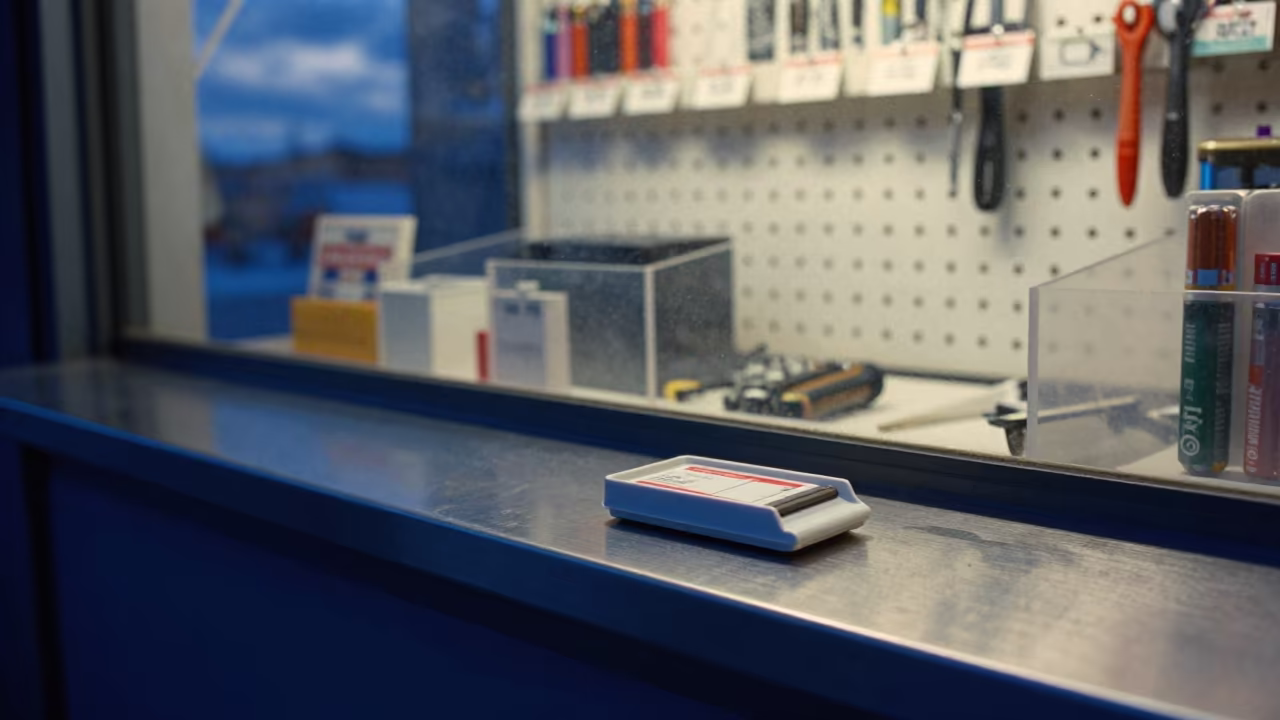 Hearing Aid Battery Tray in Sylhet Store in outside a lit retail frontage after dark in Sylhet