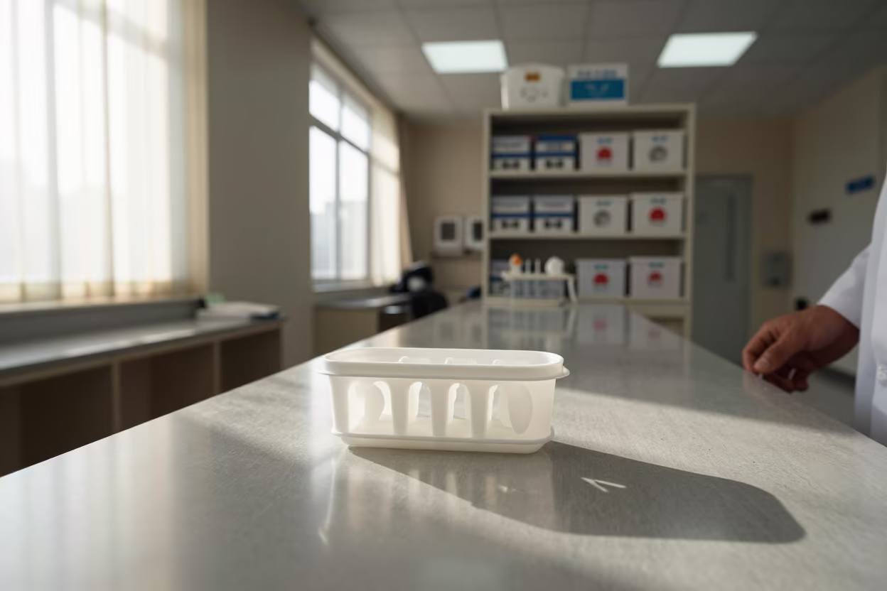 Hearing Aid Mold Pickup Bin in Rudrapur Clinic in inside a prep corridor with organized storage near Rudrapur