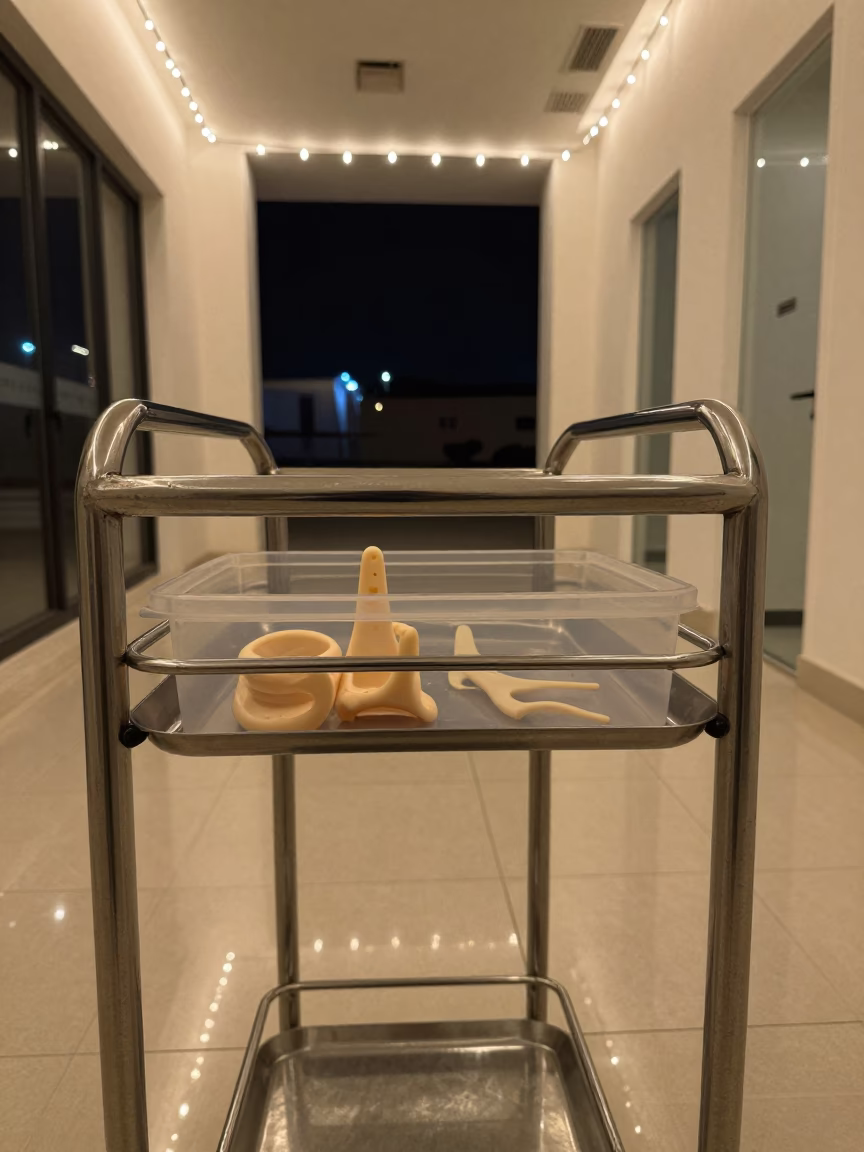 Hearing Aid Molds in Bin at Night in along a linen cart bay outside treatment rooms in Ajman