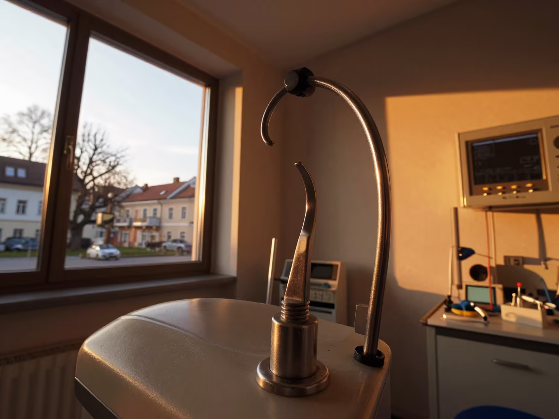 Hearing Booth Headphone Rail in Sunset Light in along a therapy corridor with organized equipment near Graz