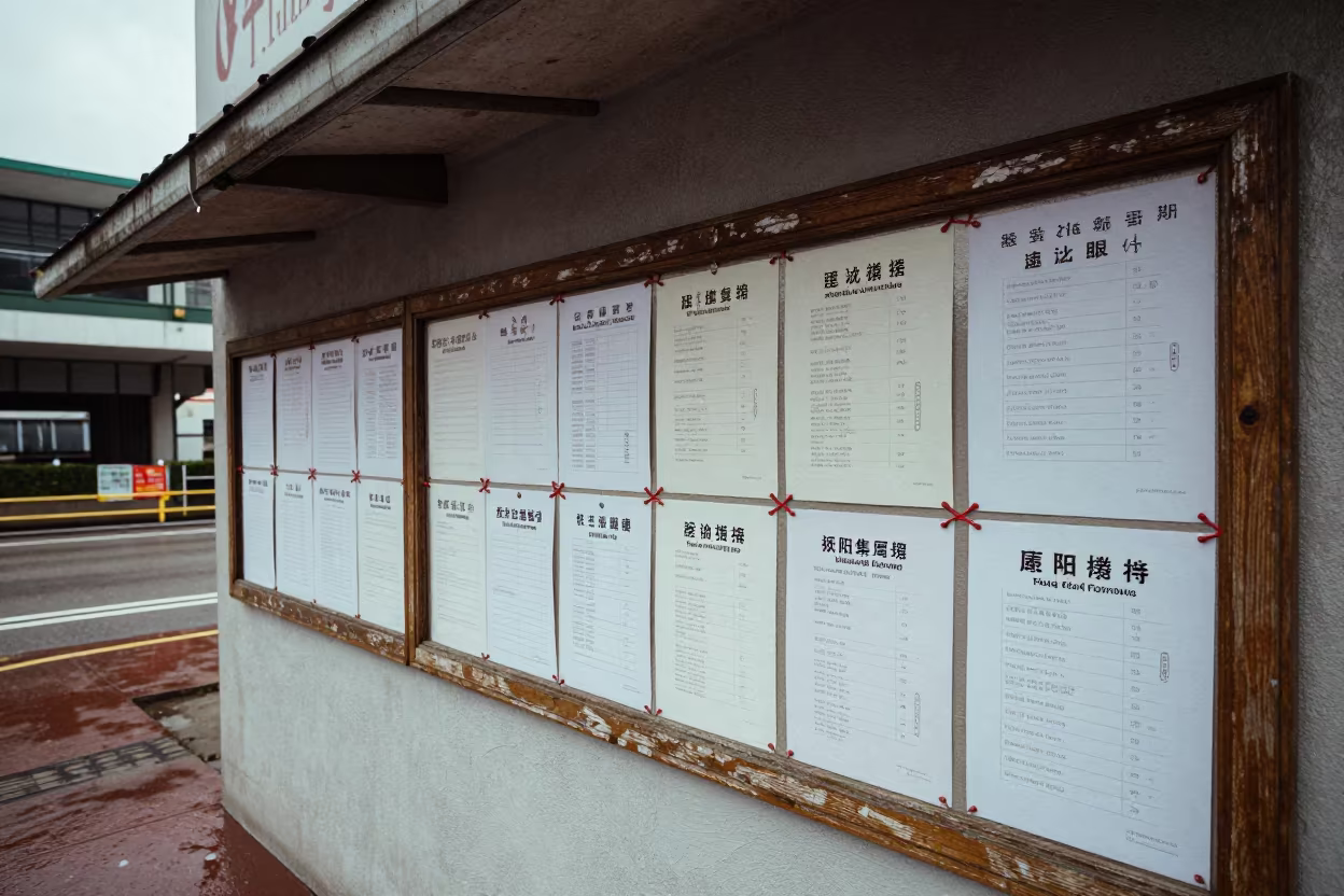 Hearing Dates and Flyers on Hong Kong Board in outside a polling station entrance in Hong Kong