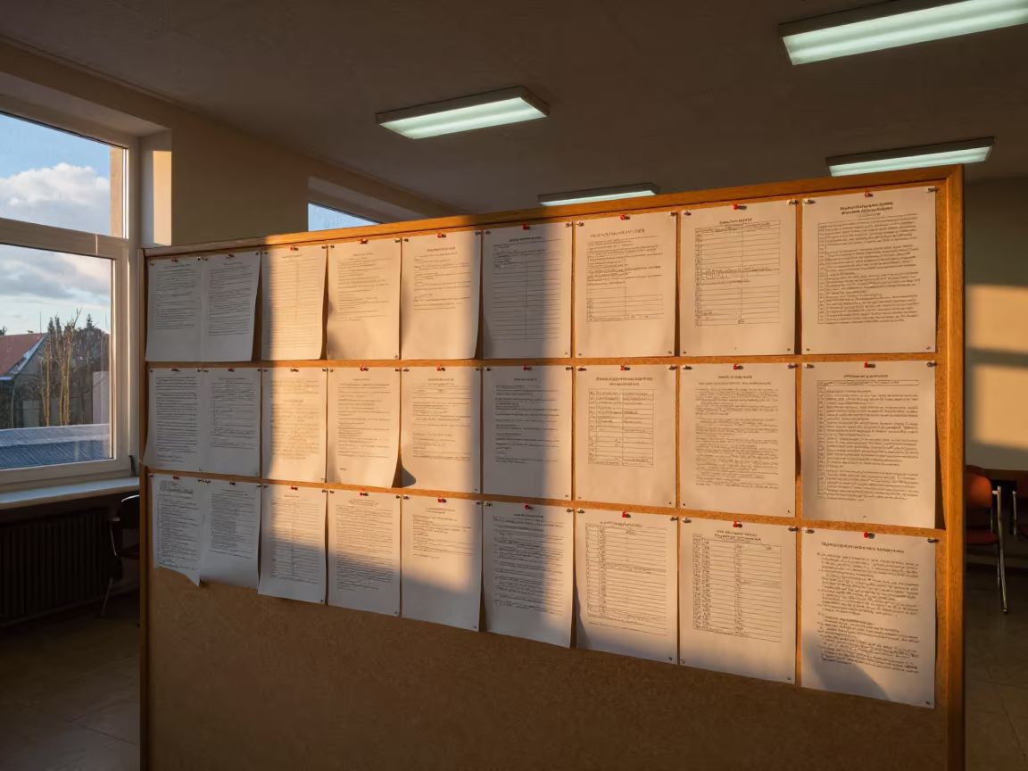 Hearing Dates and Flyers on Town Hall Board in in a fluorescent town hall meeting room in Łódź