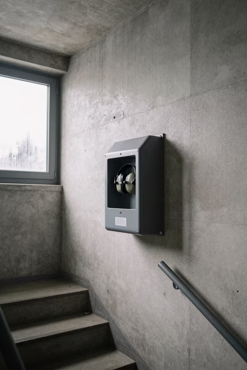 Hearing Protection Dispenser in Finnish Bunker Stairwell in inside a bunker stairwell in Finland