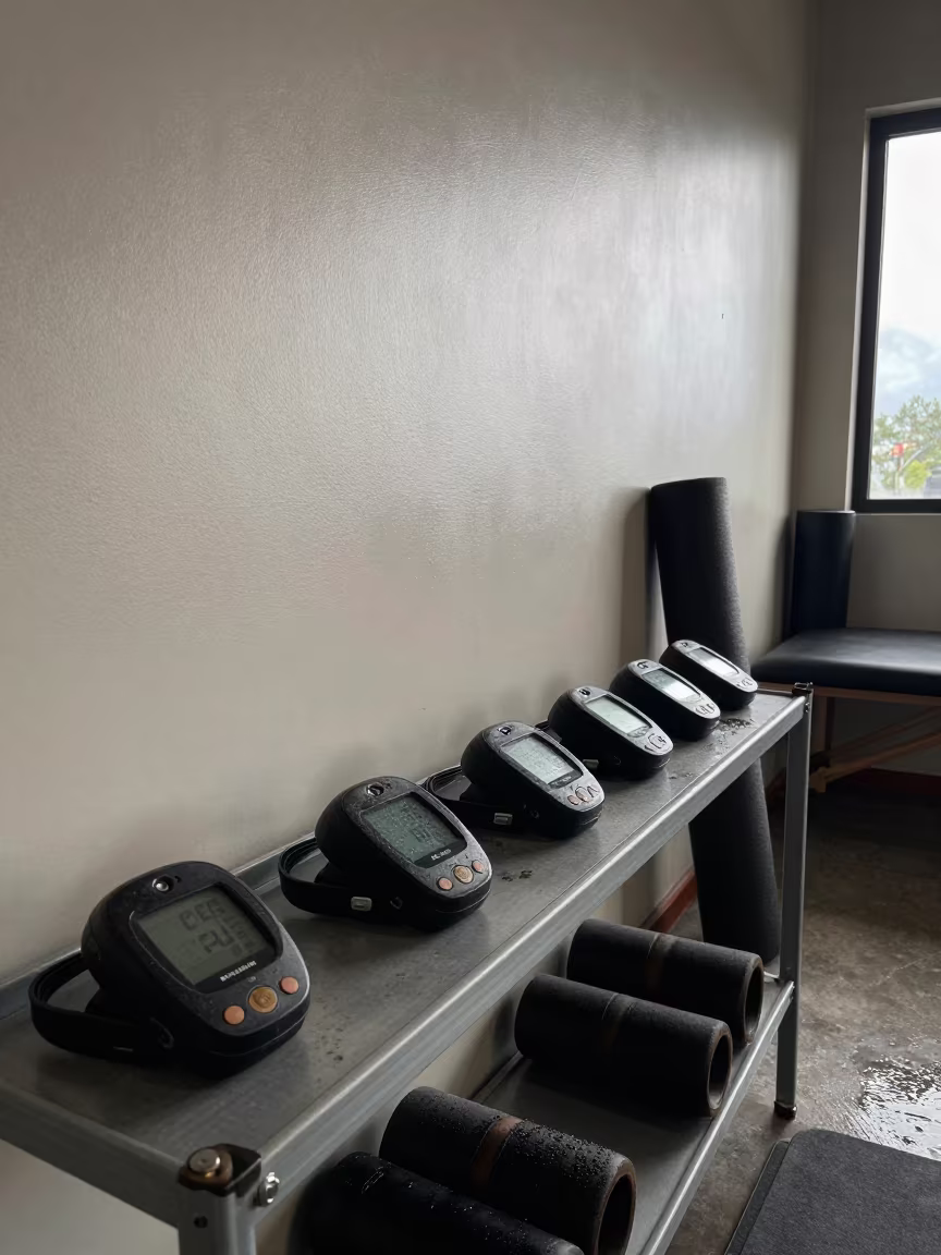 Heart Rate Monitors Charging Shelf Ambato in inside a recovery lounge beside foam rollers in Ambato