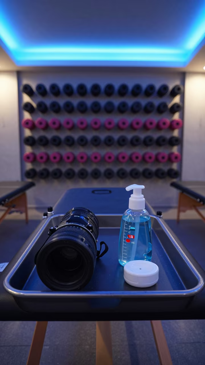 Heart Rate Strap Sanitizer Grid in Blue Hour Lounge in inside a recovery lounge beside foam rollers in Strasbourg