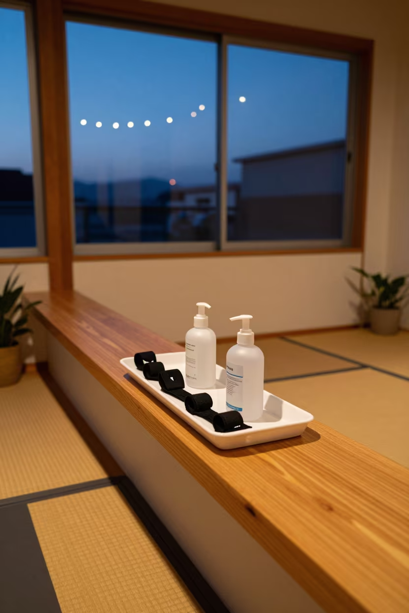 Heart Rate Strap Sanitizer Tray in Twilight Yoga Studio in inside a yoga studio before the session begins near Kobe