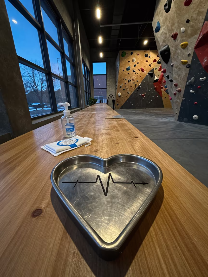 Heart Rate Strap Sanitizer Tray in Winter Climbing Gym in inside a climbing gym warmup zone near Kufa