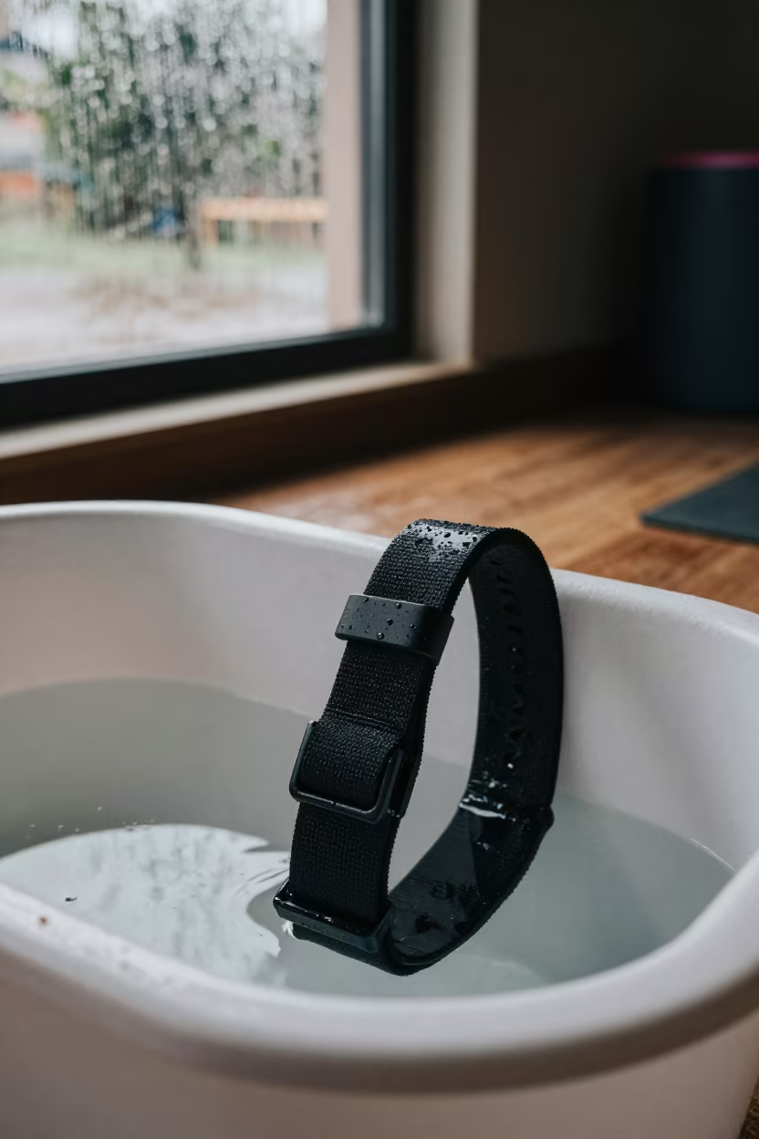 Heart Rate Strap Soak Tub Before Training in inside a yoga studio before the session begins near Burewala