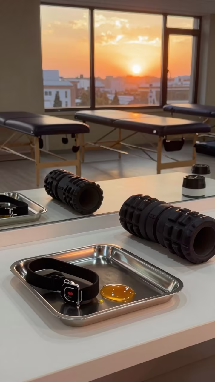 Heart Rate Strap Tray in Amber Yerevan Light in inside a recovery lounge beside foam rollers near Yerevan