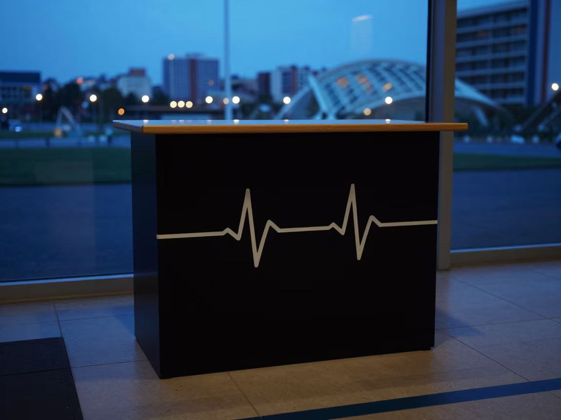 Heart Strap Loaner Bin Silhouetted at Gym Desk in at a gym check-in desk in Valencia