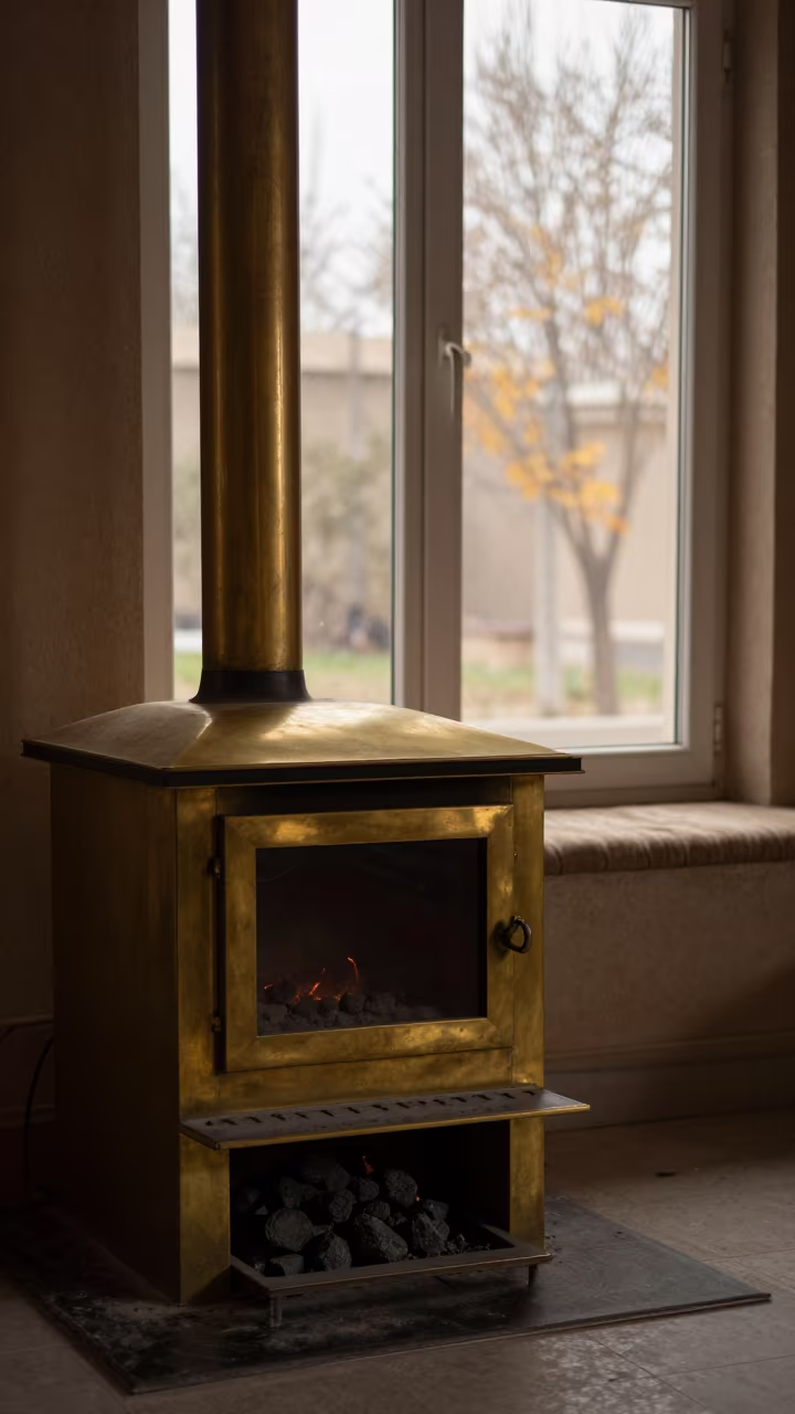 Hearth with Brass Fender and Coal Scuttle in Hillah in on a window seat near Hillah