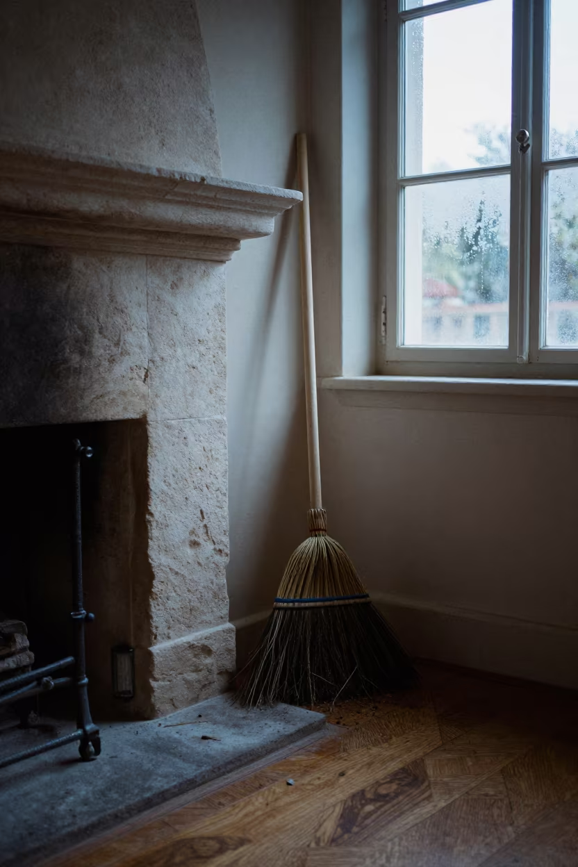 Hearth Broom Corner in Paris Morning Light in by a crackling fireplace near Butte-aux-Cailles, Paris