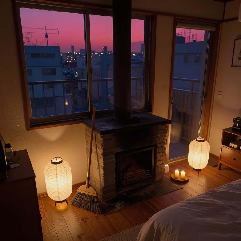 Hearth Broom Leaning in Tokyo Bedroom in in a candlelit bedroom in Tokyo