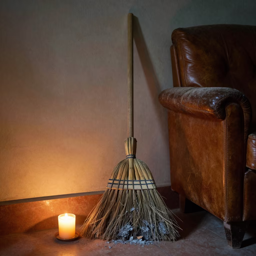Hearth Broom in Leather Armchair Near Indore in on a worn leather armchair near Indore
