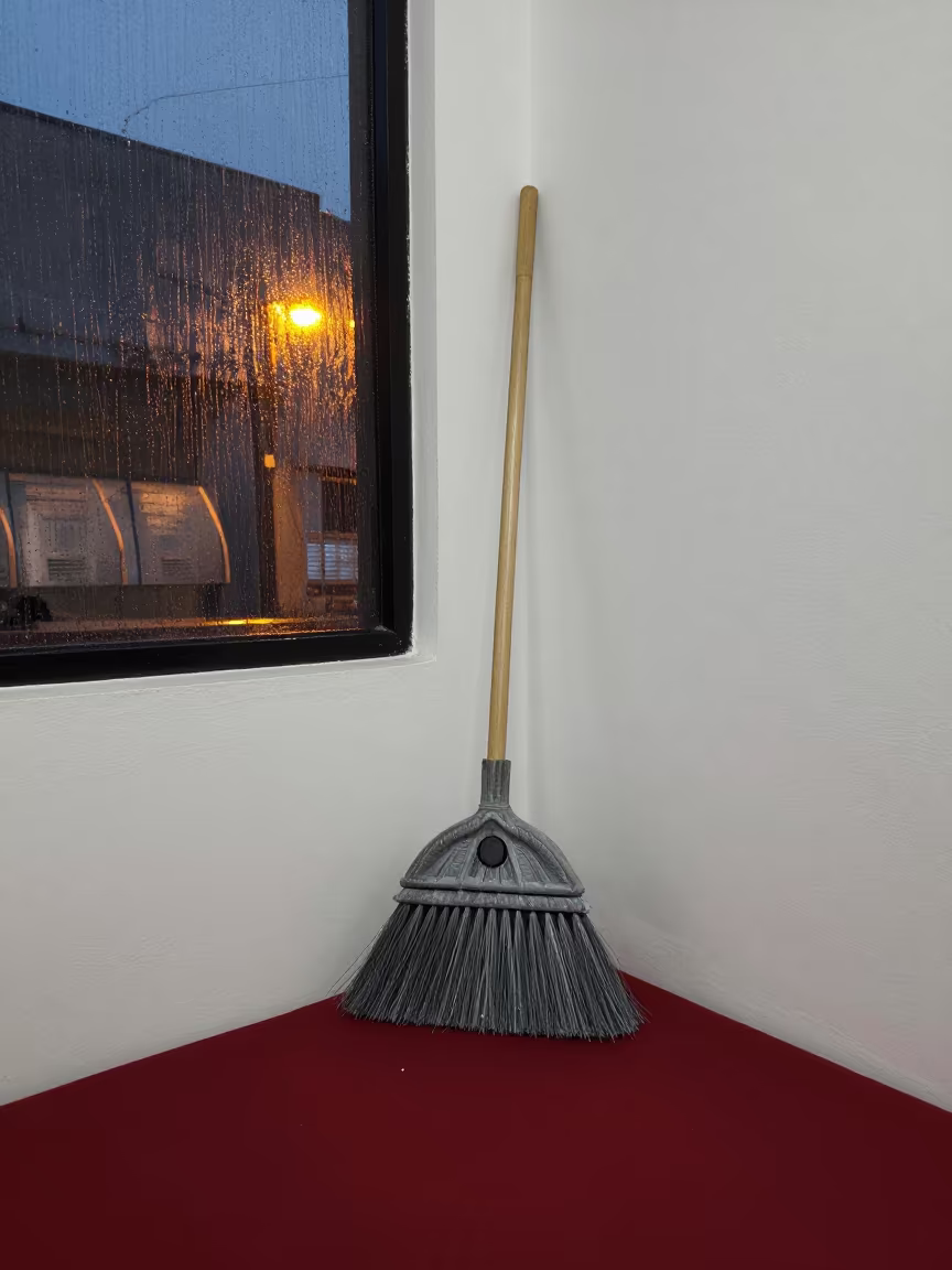 Hearth Broom on Red Cushion in Tepito Night in on a reading nook cushion in Tepito, Mexico City