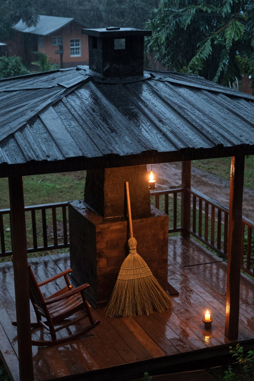 Hearth Broom on Sokodé Porch at Dusk in on a porch with a rocking chair in Sokodé