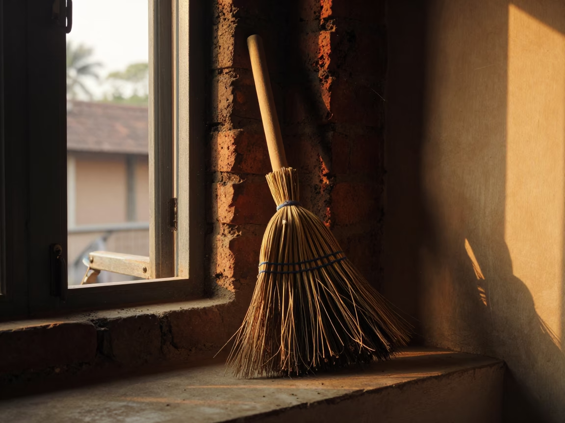 Hearth Broom Leaning Against Soot Chimney Window Seat in on a window seat in Dhaka